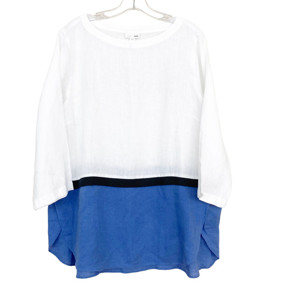 J. Jill Love Linen White Blue Colorblock Shirt Sz LT - Picture 1 of 5